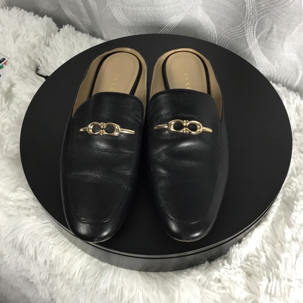 Coach Black Leather Slip-On Mules with Gold Horsebit - Picture 2 of 8